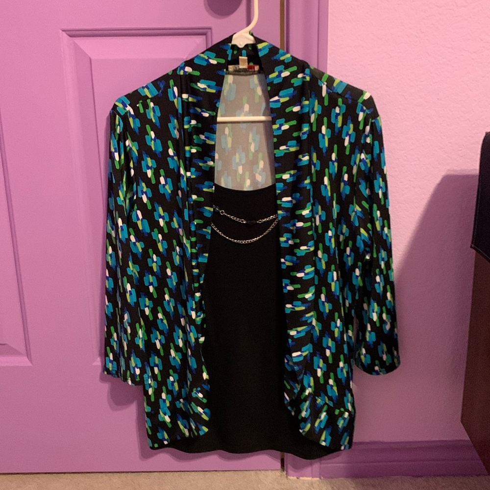 Black, green, blue and white top with chain